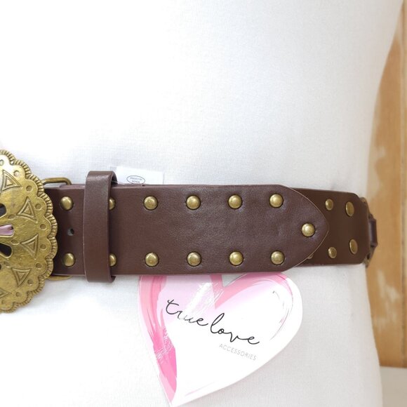 Truelove Brown Brass & Leather Belt with Brass Studs & Buckle XL 1 1/2" Wide - Picture 9 of 16